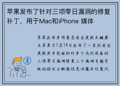 苹果发布了针对三项零日漏洞的修复补丁，用于Mac和iPhone 媒体